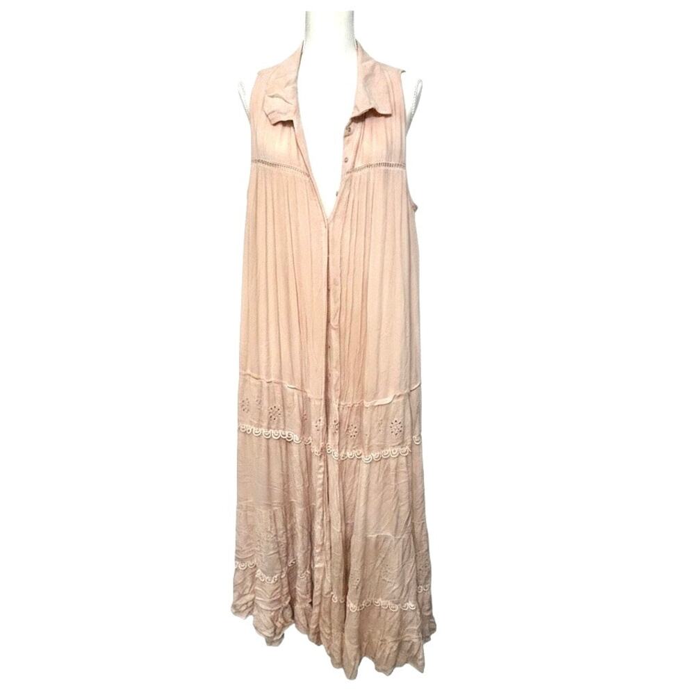 Free People Pretty Cozy Scalloped Crochet Lace Trim Peach Maxi Dress Size Large